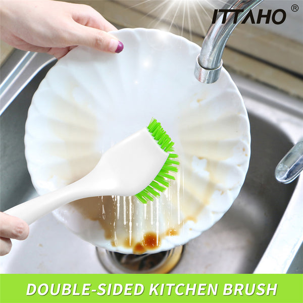 ITTAHO Dish Brush with Soap Dispenser & 3 Pack Dishwashing Sponge Refills  Non Scratch, Dish Cleaning Scrubber Set with Handle for Household Usage
