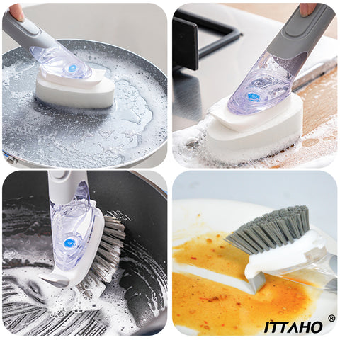 Ittaho Dish Scrubber Set, Kitchen Brush for Cleaning with Scraper Edge, Green Multi-Purpose Scrub Brush with Handle for Dishes,Sink,Pots,Pans,Shower